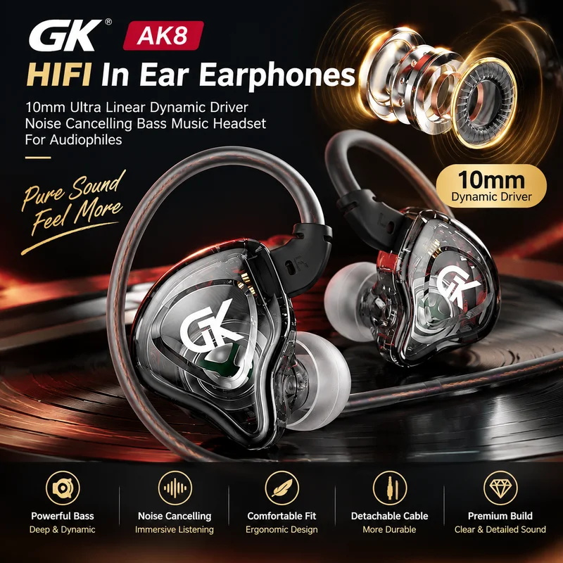 GK AK8 HIFI In Ear Earphones 10mm Ultra Linear Dynamic Driver Noise Cancelling Bass Music Headset For Audiophiles