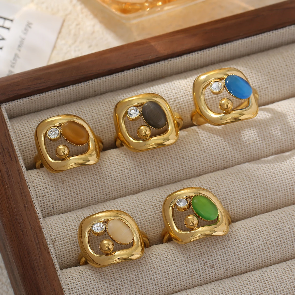 

New Irregular Square Natural Stone Rings For Women Girls Boho Stainless Steel Engagement Wedding Opening Ring Fashion Jewelry