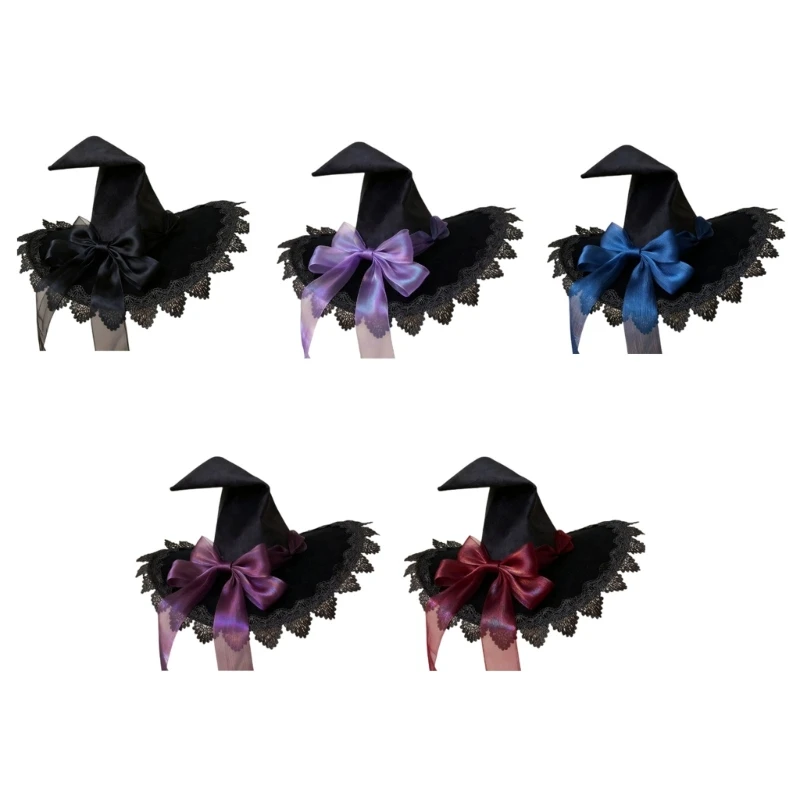 652F Wizard Costume Hat for Halloween Photos, Pointed Gothic Witch Hat with Lace and Ribbon Accent for Cosplay Styling