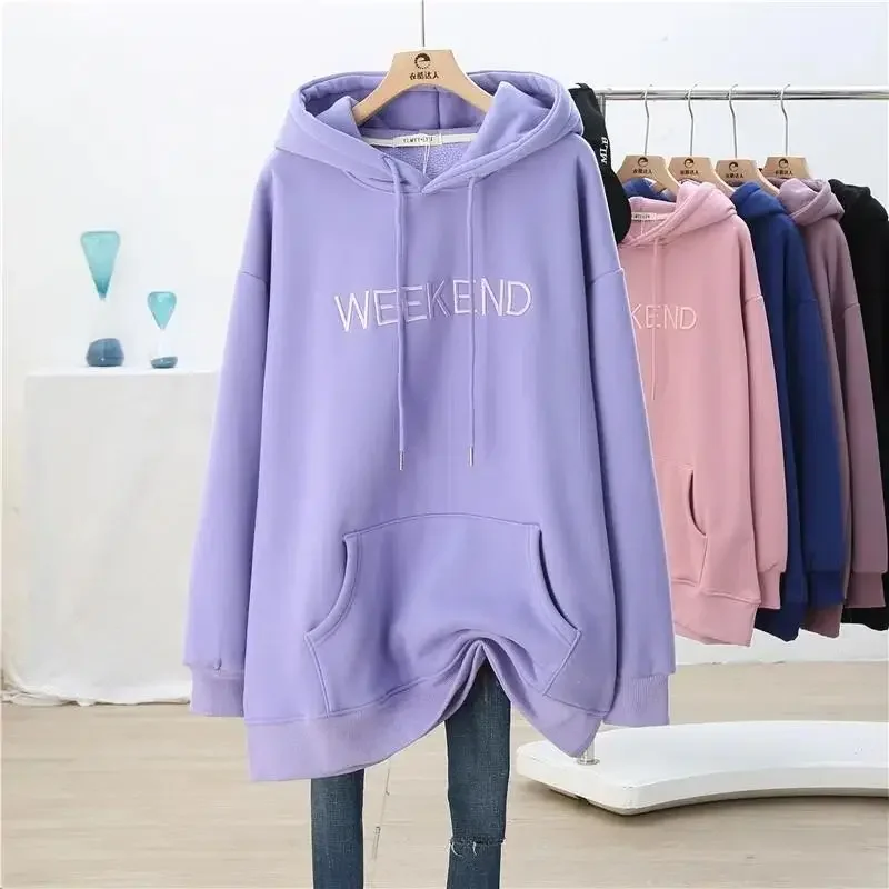 

Womens Autumn and Winter New Hooded Sweatshirt Solid Color Letter Pockets Splicing Lax Large Size Appears Thin Mid-length Top