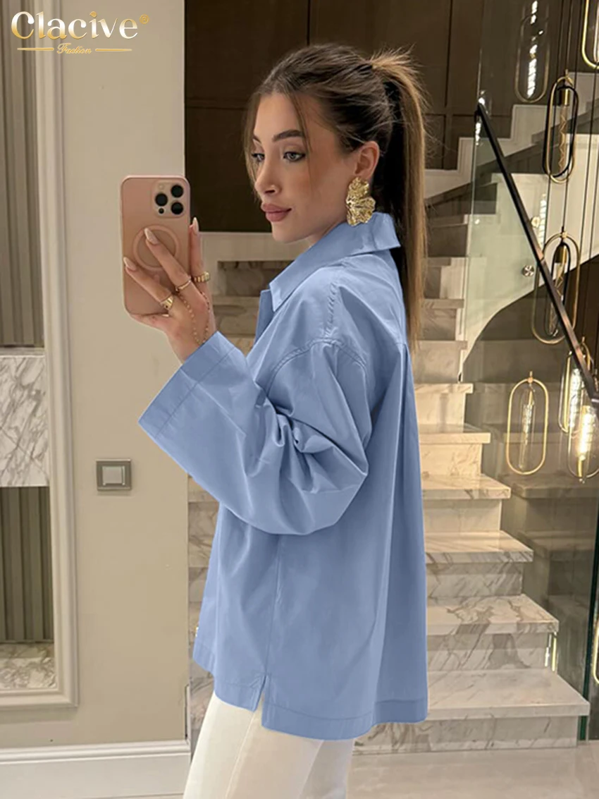 Clacive Fashion Loose Blue Cotton Women's Blouse 2025 Casual Lapel Long Sleeve Shirt Elegant Classic Solid Tops Female Clothing