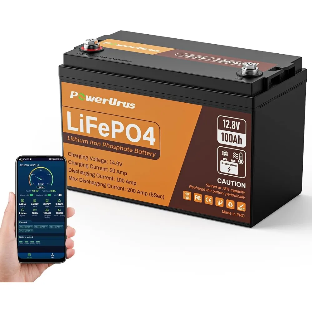 

12V 100Ah Self-Heating LiFePO4 Lithium Battery with Smart APP, 4000+Cycle LiFePO4 Battery, Built-in 100A BMS