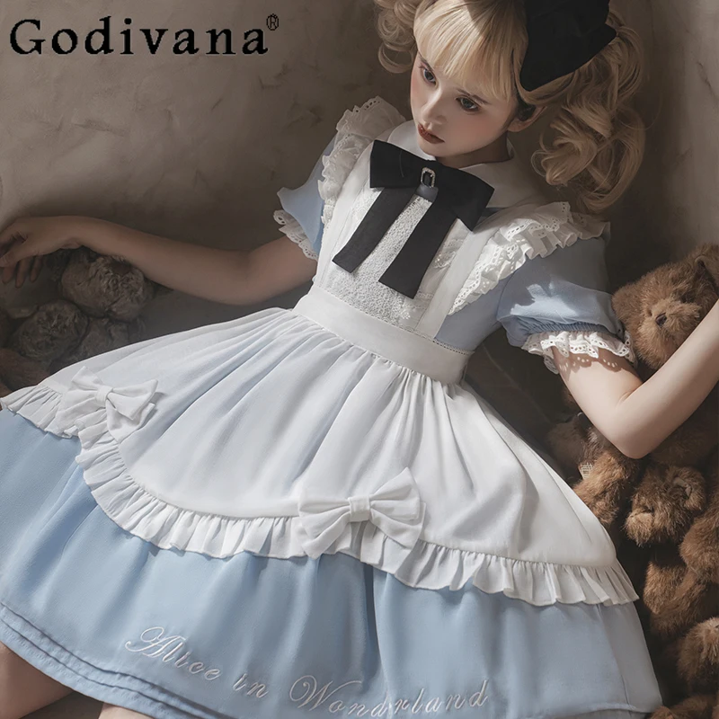 Summer Op Lolita Sweet Dress for Women Short Sleeve Bow Collar Blue Princess Dress Female A Line Cosplay Short Dress