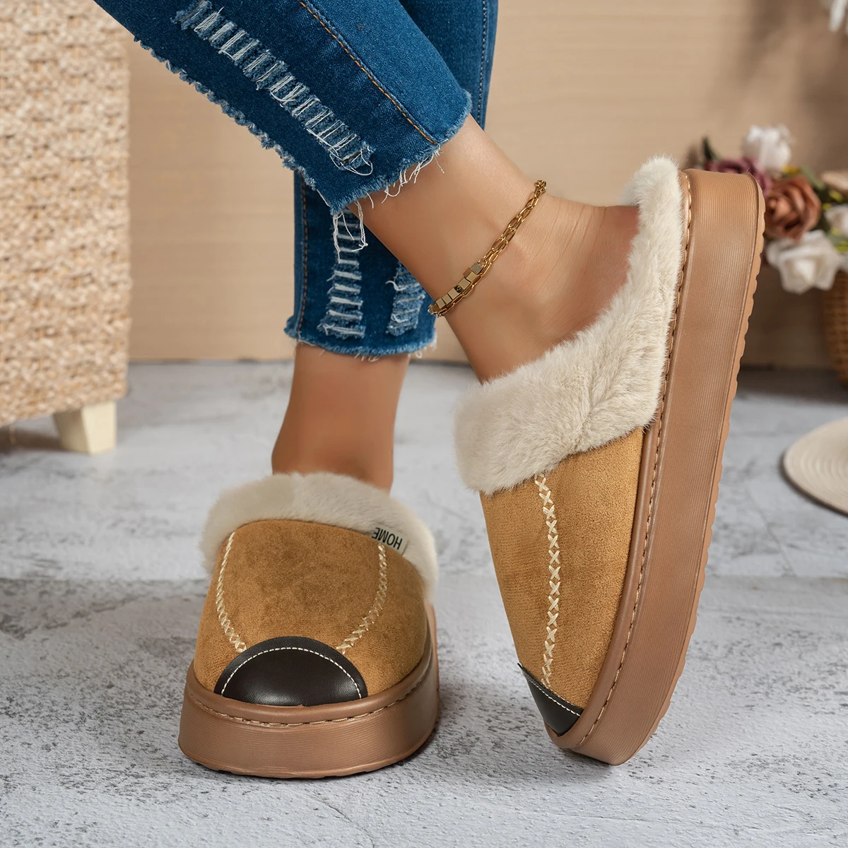 Winter Cozy Furry Platform Slippers Women Embroidery Stitch Suede Soft Fluffy Lining Non Slip Thick Bottom Indoor House Shoes