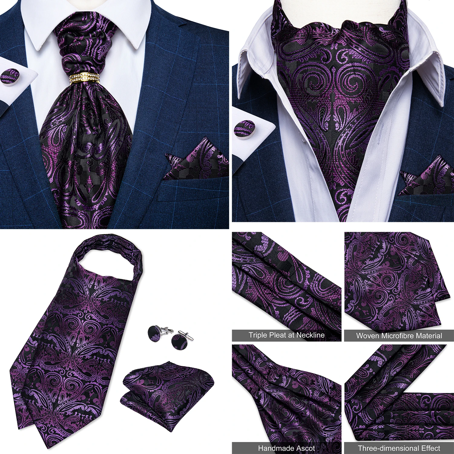 Luxury Men Green Blue Paisley Ascot Tie Set Solid Necktie Ring Wedding Party Cravat Purple Ties Pocket Sqaure Cufflink Free Ship