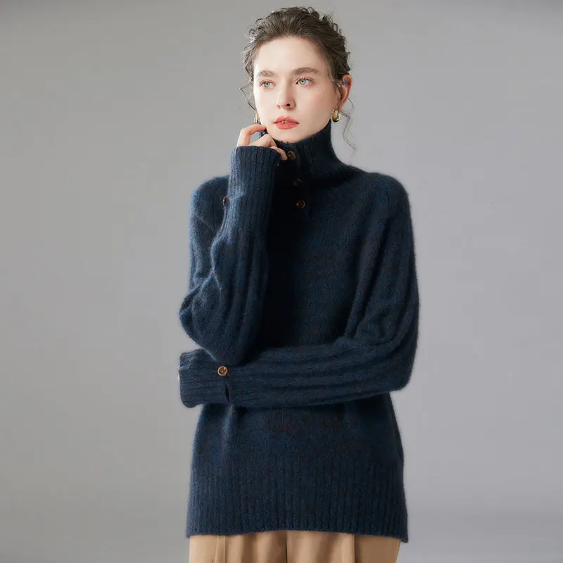 

Европейские высококачественные свитера, мягкие и липкие, кашемировые свитера из утолщенной цветочной пряжи с высоким воротником на пуговицах.