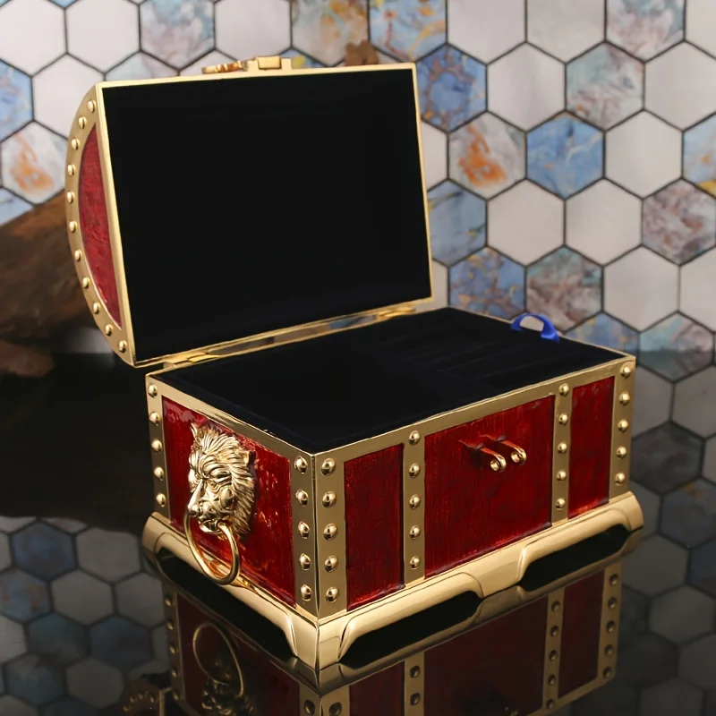 1PC Large Vintage Chinese-Style Pirate Jewelry Box for Weddings, Made of Alloy, Featuring a Lock for Storing Additions