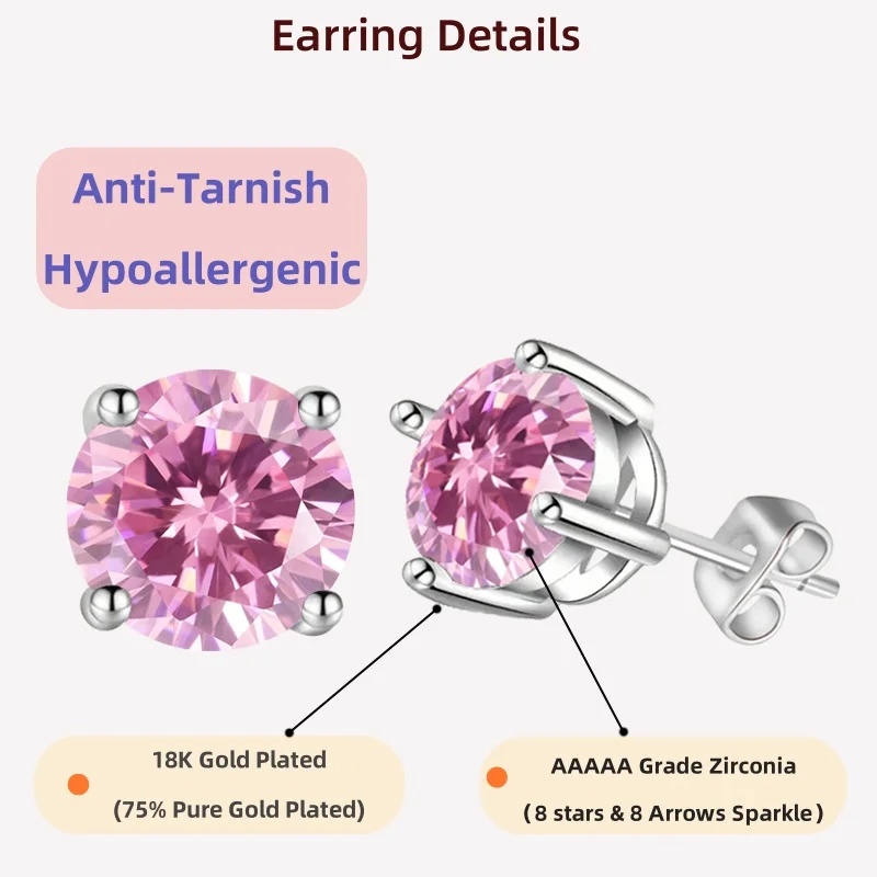 

LAMVOICE jewelry for women/stud earrings with 0.2-4 carat Pink zirconia Hypoallergenic earrings christmas gift for women