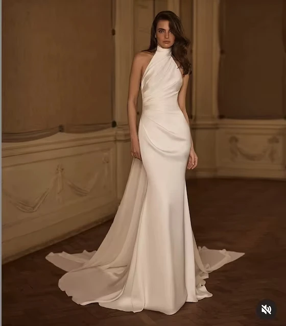Wedding Dresses Halter Floor Length Satin WIth Cape Sleeveless Simple Bridal Gowns Elegant Stunning Customize To Measures