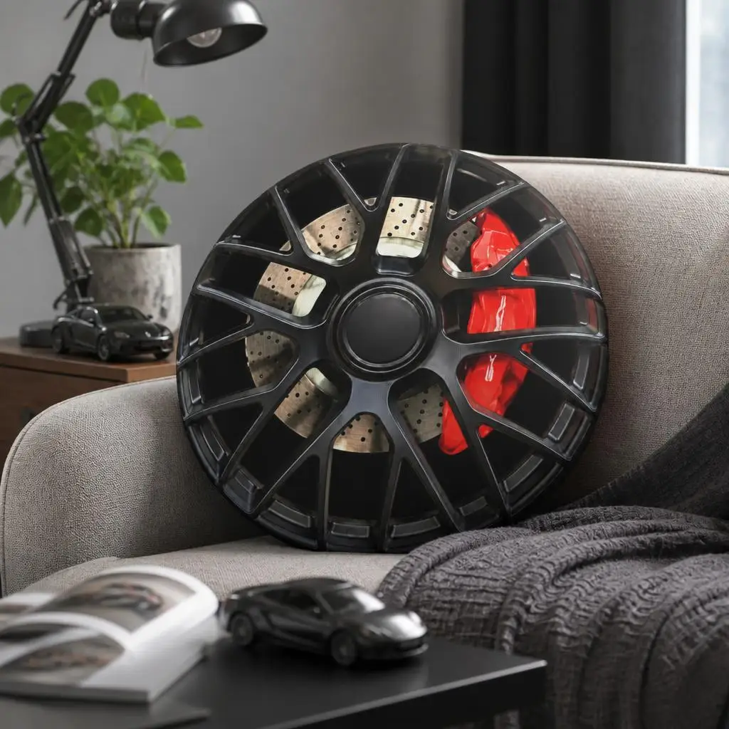 Performance Car Wheel Rim Plush Pillow Brake Caliper Cushion Shaped Stuffed Throw Pillow Automotive Home Decor Sofa