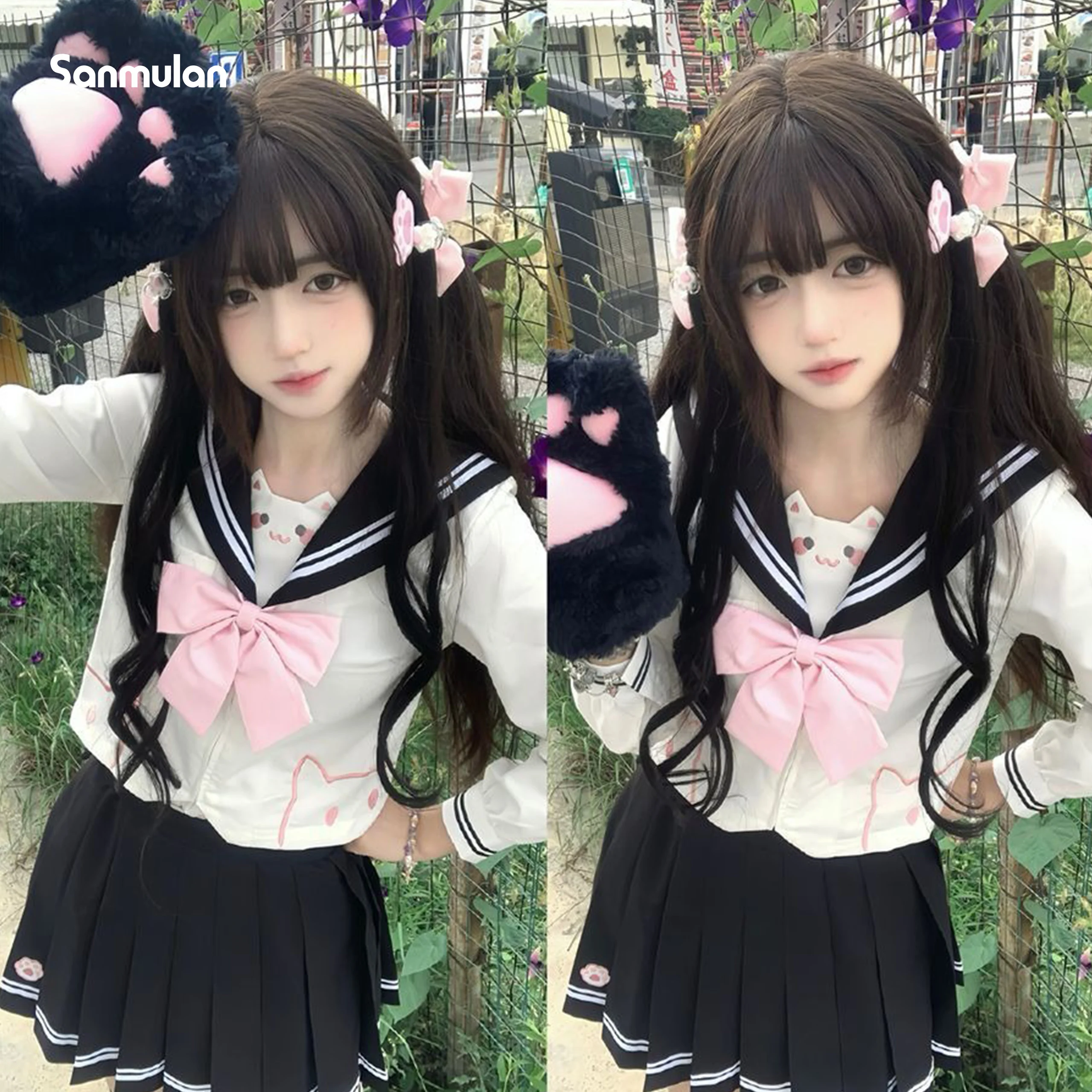 Set di abiti da marinaio carino giapponese e coreano, autentico uniforme da studente, stile college, modello gatto femminile, colore bianco e nero opzionale