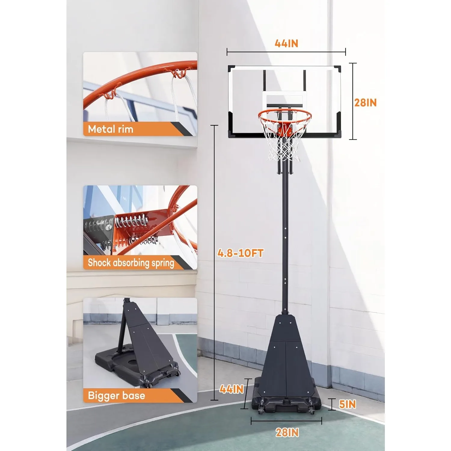 Basketball Hoop Outdoor System with 44 Inch Shatterproof Backboard, 4.8FT-10FT Height Adjustable Basketball Goal System