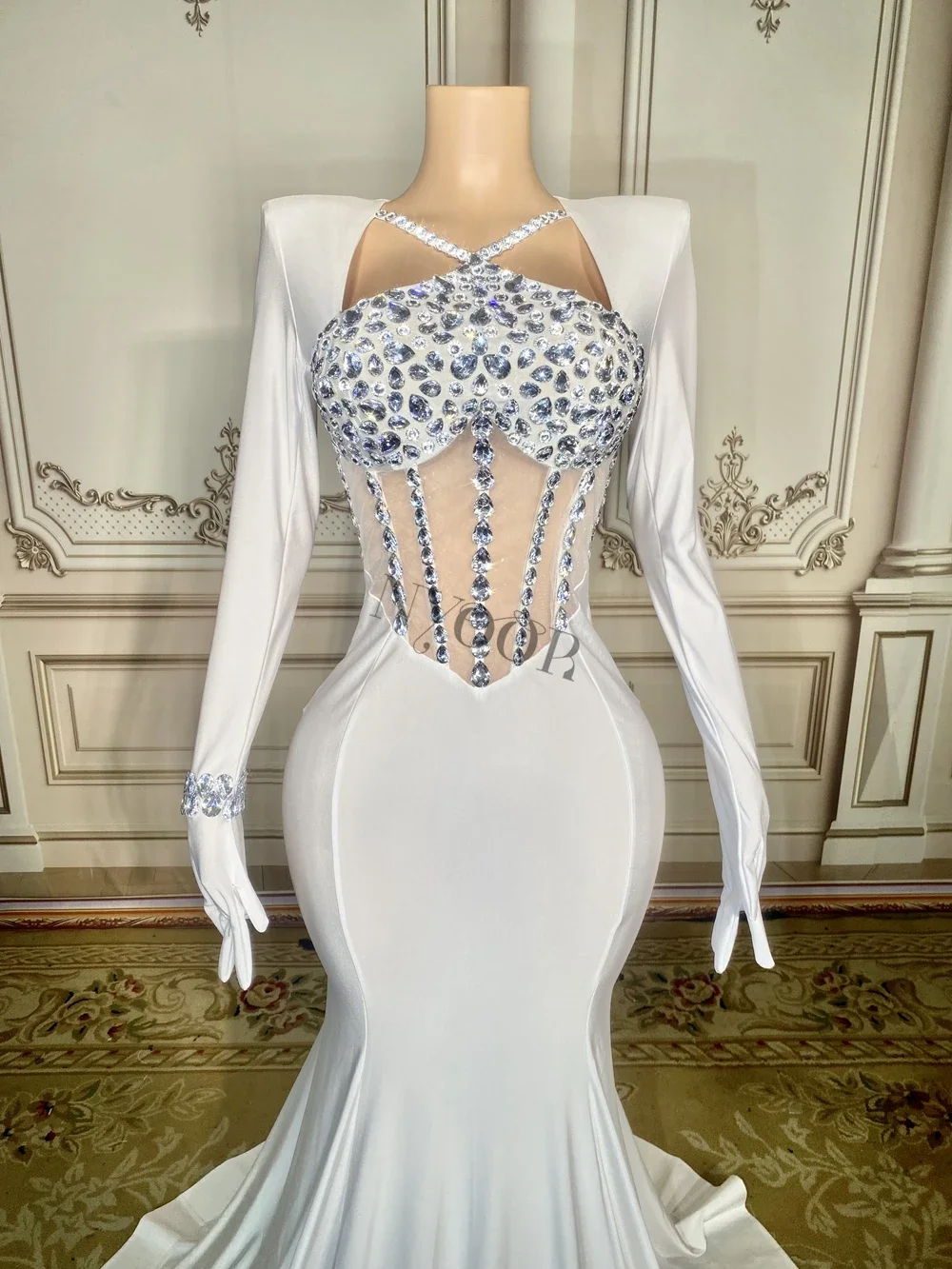 Sparkly Rhinestones White Mermaid Dress with Gloves for Women Elegant Birthday Celebrate Wedding Evening Prom Dresses