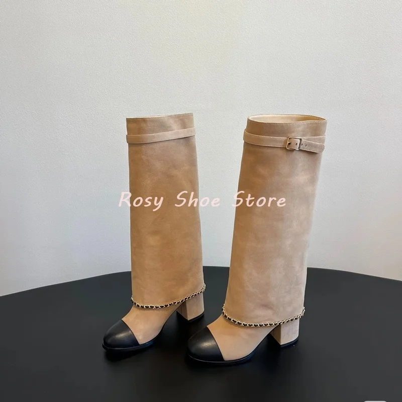 Black Suede Straight Knee Boot Women Metal Chain Pleat Light Brown Round Toe Calf Boot Turned-Over Edge Chunky Heel Trouser Boot