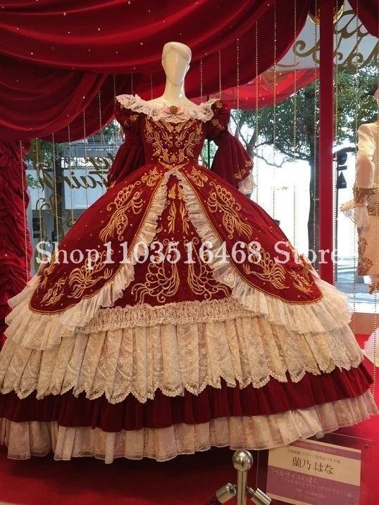 

Fluffy Victorian Wedding Dress Luxurious Burgundy Half Sleeve Lace Ruffle Applique Medieval Evening Gown فساتين سهرة