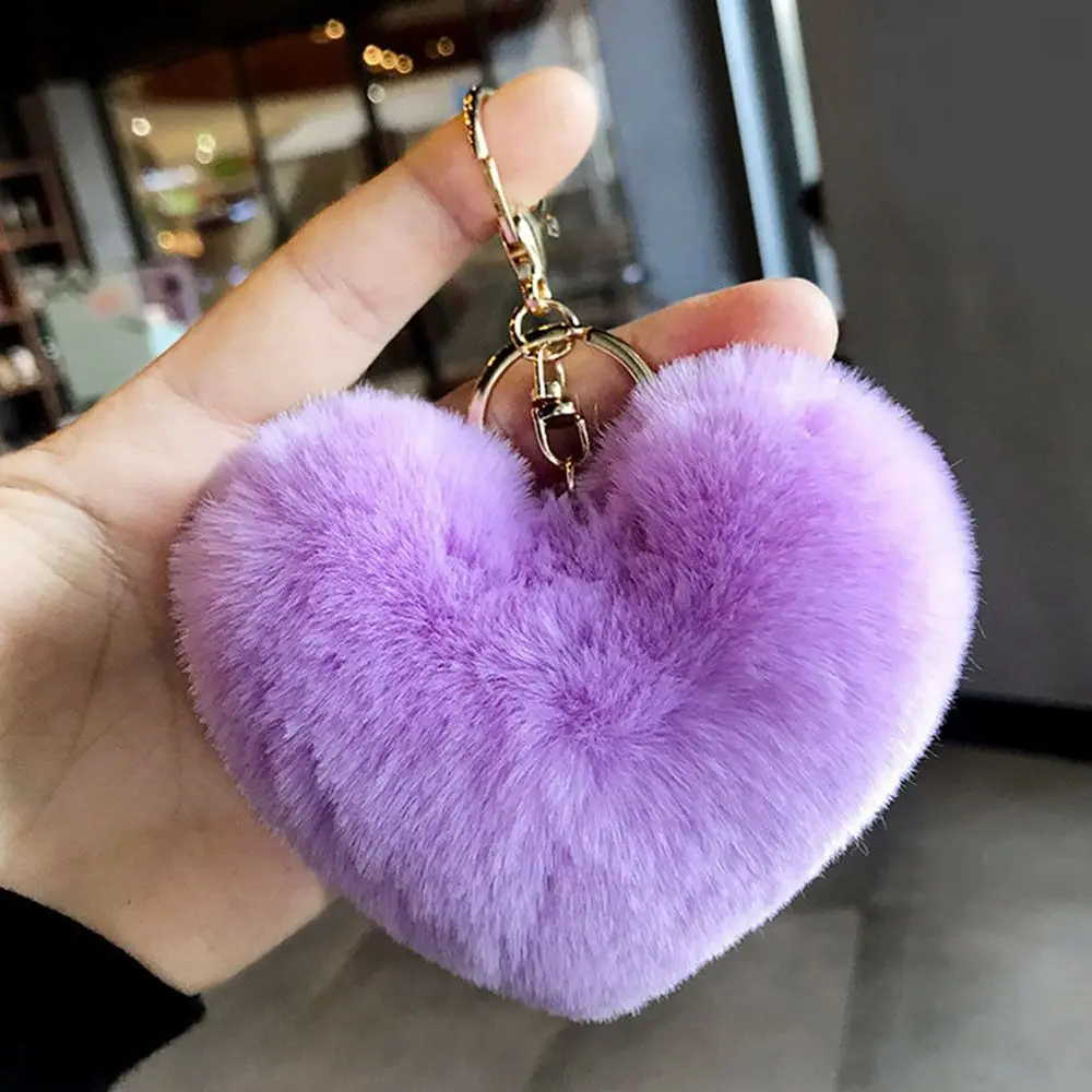 

Lovely Soft Handbag Accessories Fluffy Pompom Keychain Heart Shape Keyring Fake Rabbit Fur