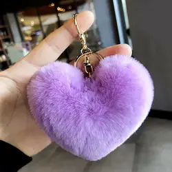 Lovely Soft Handbag Accessories Fluffy Pompom Keychain Heart Shape Keyring Fake Rabbit Fur