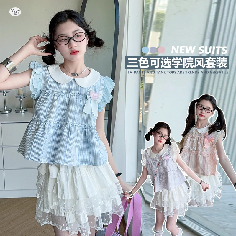 Sweet Summer Dress for Girls2026New striped short-sleeve top and cake skirt two-piece set for older children