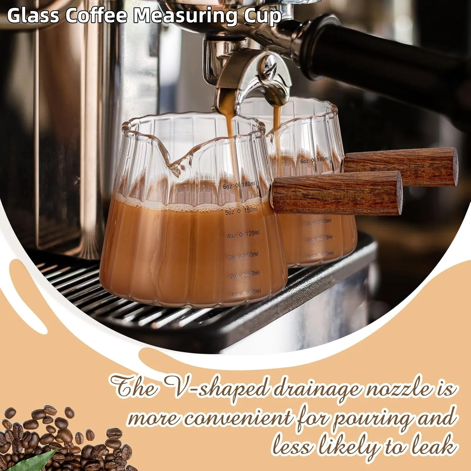 180ML Holzgriff mit Skala Hitzebeständiges Glas Kaffee Messbecher Espresso Milch Latte Kaffee Zubehör Barista Werkzeug