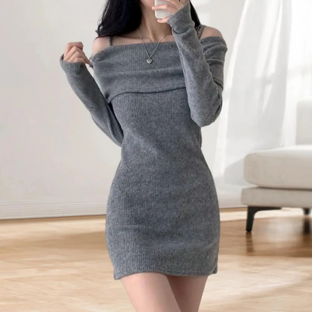 Y2K женское вязаное мини-платье корейское сексуальное женское платье с открытыми плечами весеннее новое женское платье на тонких бретельках с длинным рукавом Vestidos