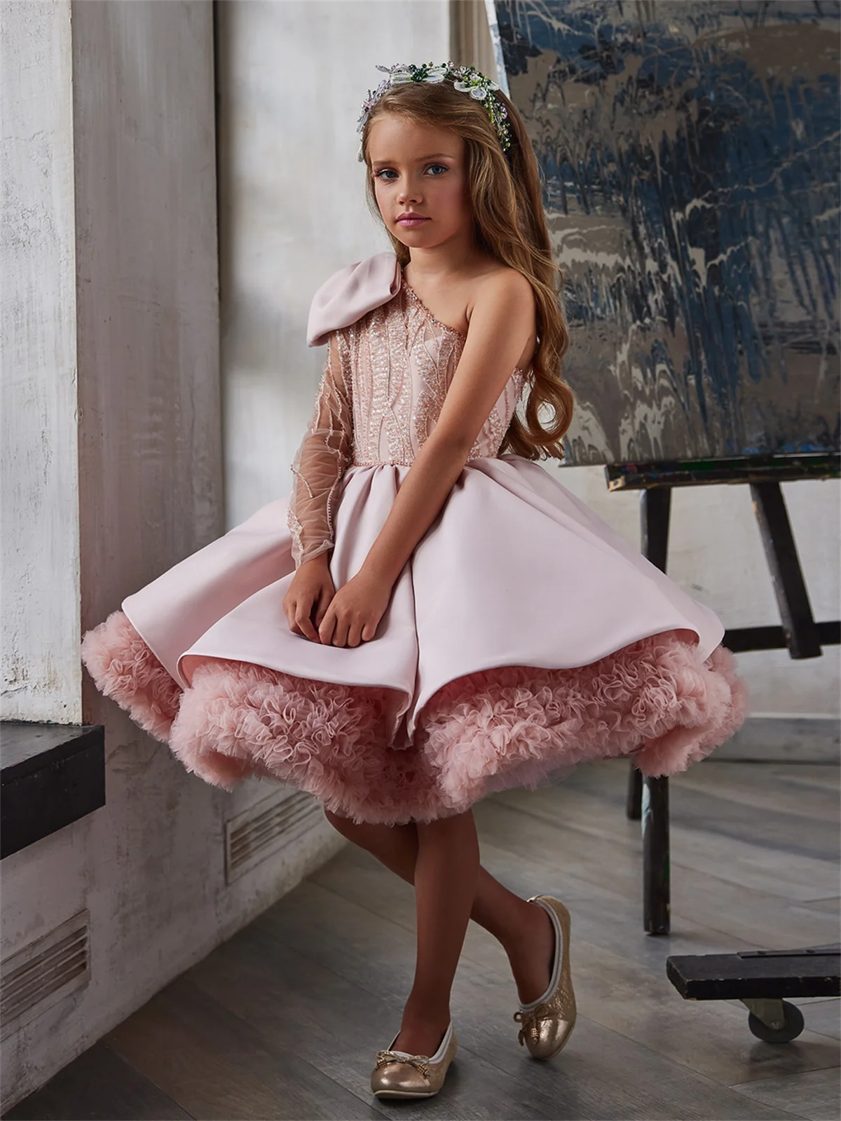 Pink Fluffy Layered Long Sleeved Single Shoulder Sequin Flower Girl Dress Wedding Cute Flower Child Communion Party Dress