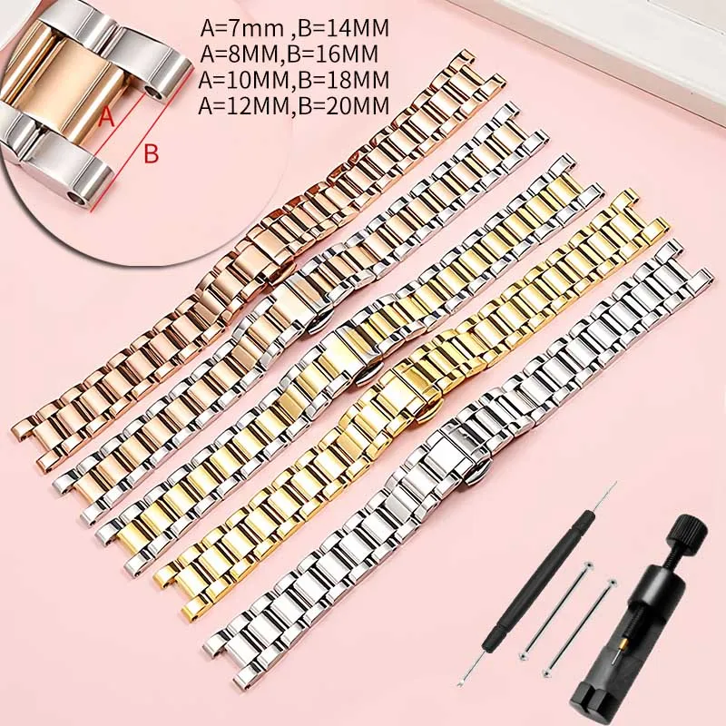 Notched stainless steel watch strap for Cartier Pasha Michael Kors Casio SHE-4529/45233 Replace Wristbands bracelet 16x8 20x12mm