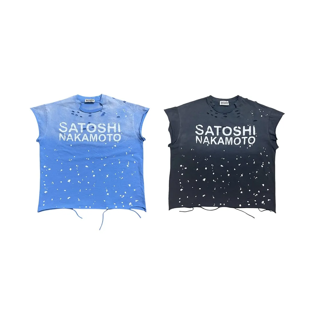 Gradient Splash Ink Distressed Sleeveless Tank Top SATOSHI NAKAMOTO Letter Print Men Oversized Vintage Ripped Streetwear Vest