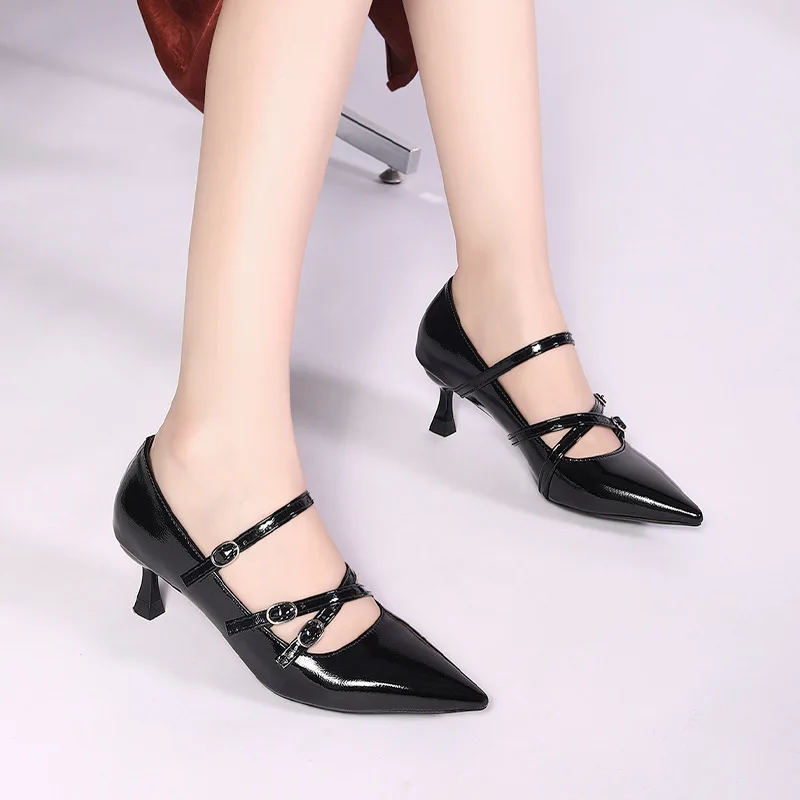 

French Fashion High Heels Sandals Fairy Shoes Spring Summer New Style Elegant Lady Single Shoes PU Material Sharp Pointed Toe