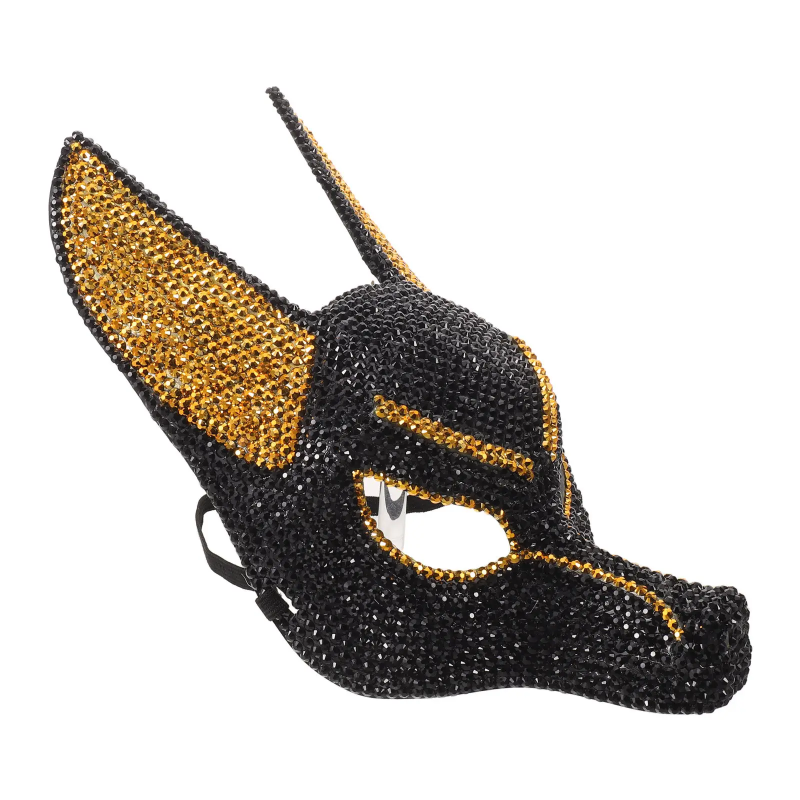 Egyptian Anubis Costume Mask Full Head Skull Design Black and Gold Jeweled Rhinestone Embellished Adult Halloween Cosplay Face