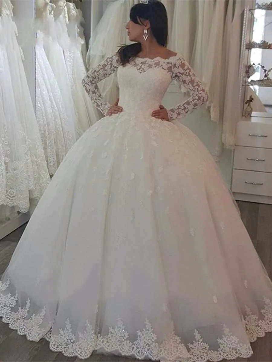 Customized Graceful Ball Gown Women Wedding Dresses Scoop Neck Long Sleeves Bridal Gowns Lace Vestido De Noiva robe de mariée