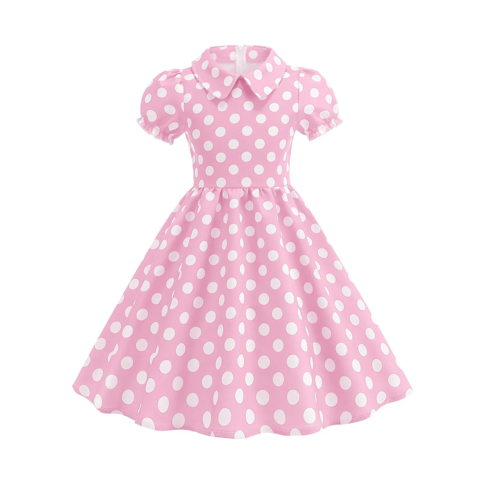 2025 Children Little Girl Vintage Summer Short Dress Turn Down Collar Polka Dot Print Cotton Princess Cocktail Dresses 1950s 60s