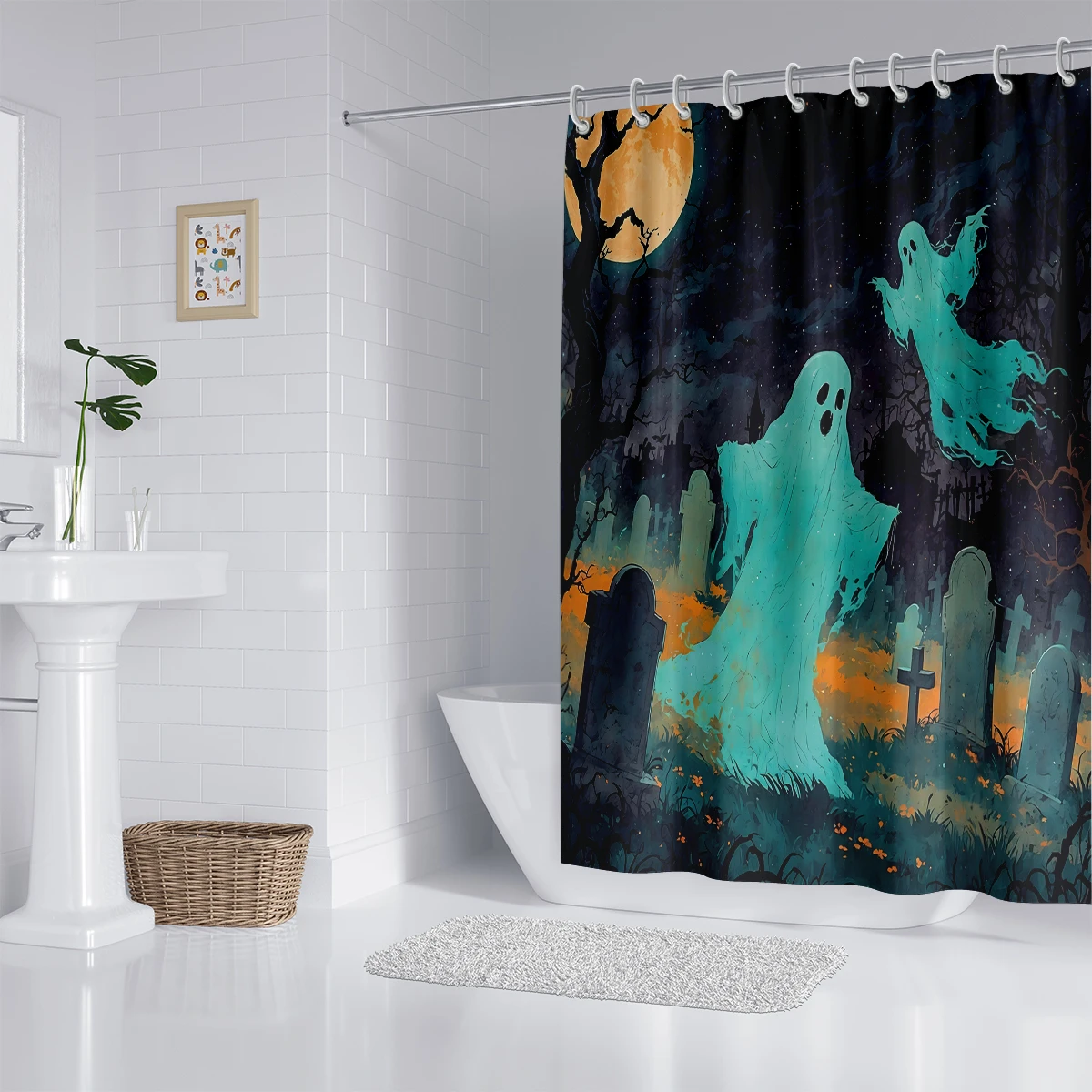 1PC Halloween themed elements Series Pattern Shower Curtain,Washable Waterproof Shower Curtain,12 hooks,Family Bathroom Decor