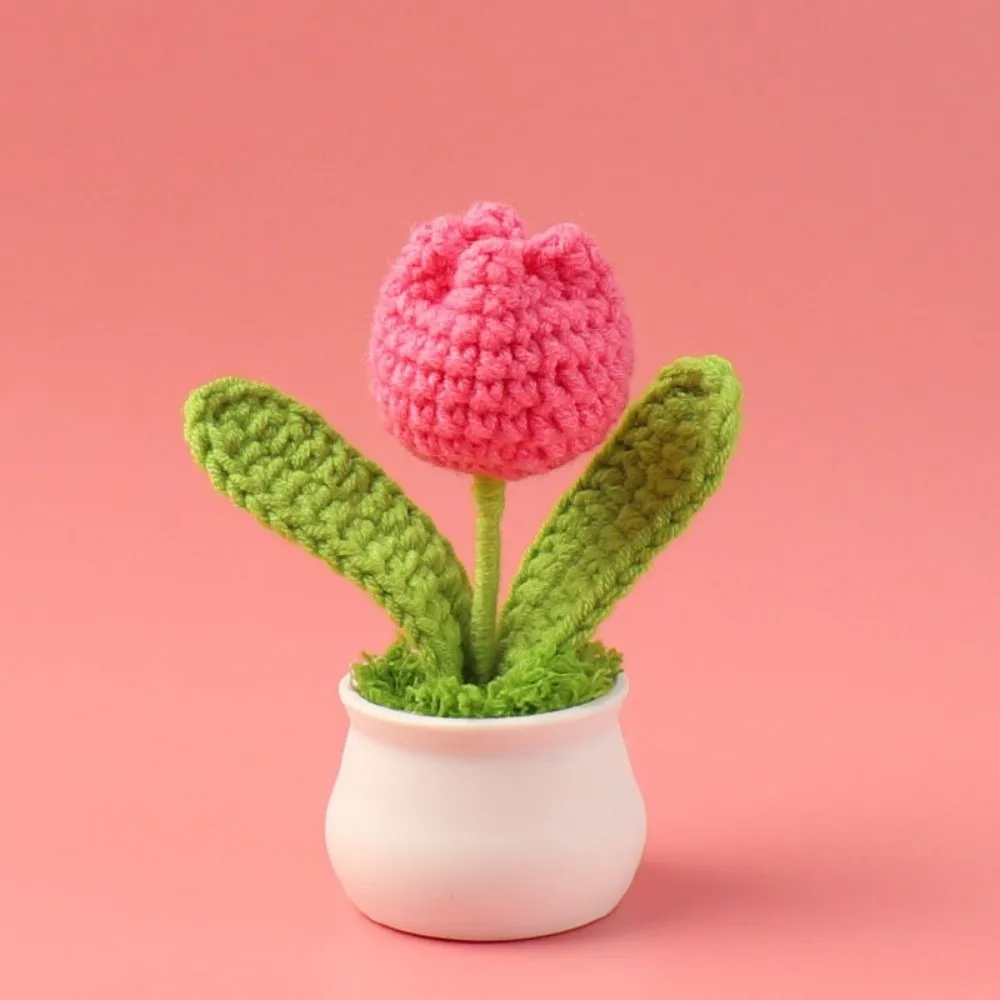 

Mini Tulips Crochet Flower Potted DIY with White Pot Handmade Knitted Flowers Woolen Handcrafted Bonsai Living Room Ornaments