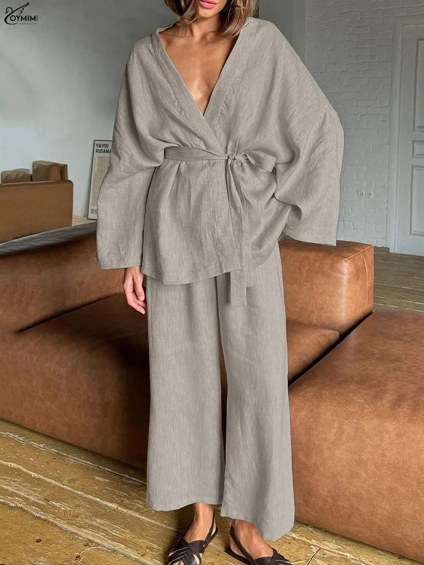 

Oymimi Casual Khaki Two Piece Outfits Woman Autumn V-Neck Long Sleeve Lace-Up Shirts And Simple Straight Trousers Female Sets