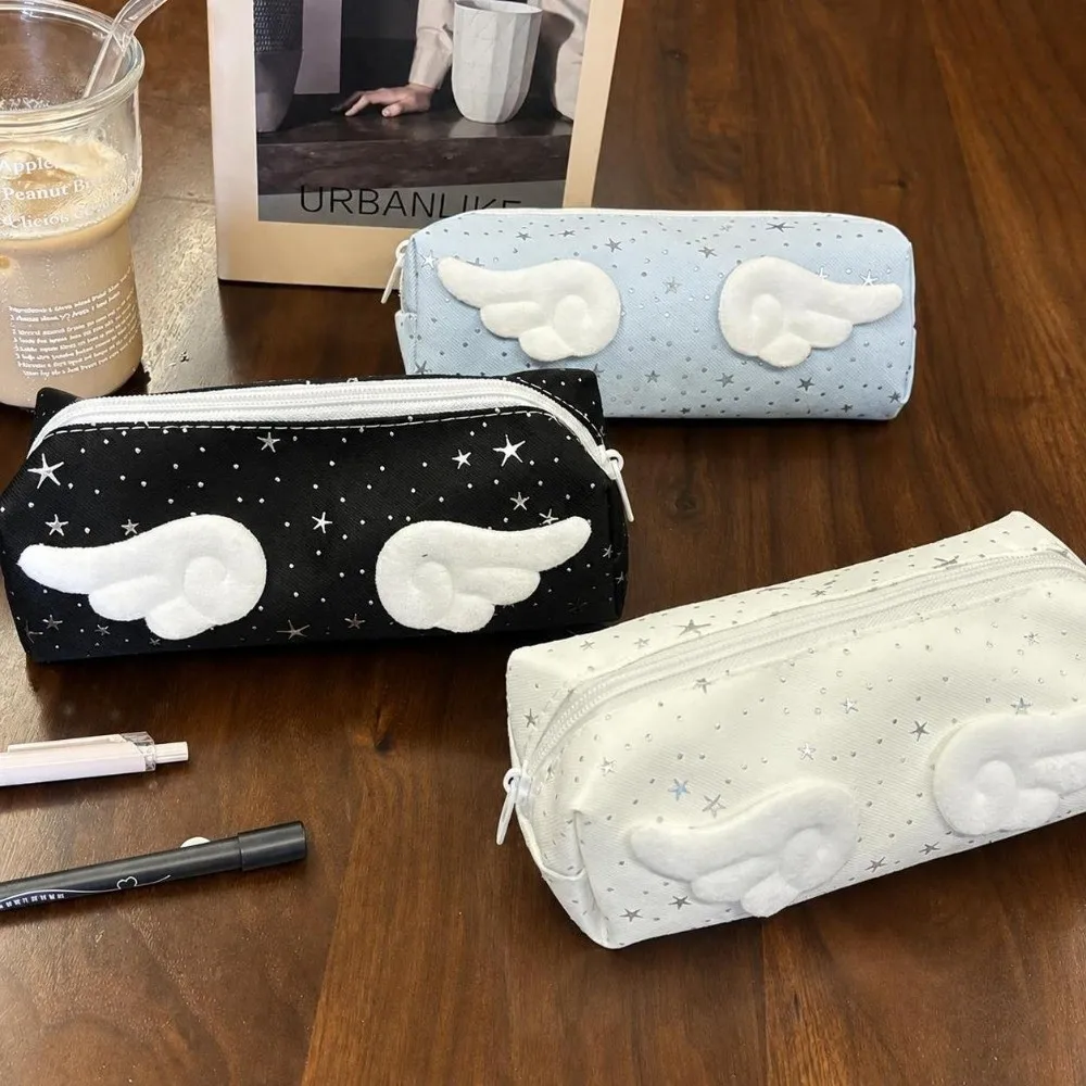 Multifunctional Star Print Pencil Case With Wings Decor Large Capacity Pen Bag Stationery Pouch Gift