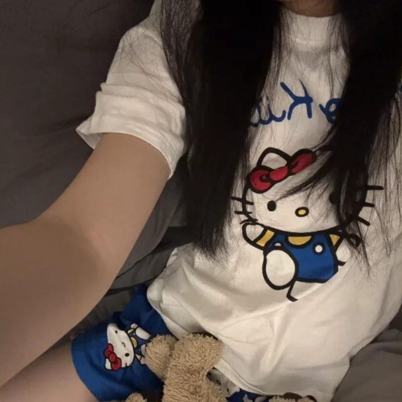 

Sanrio Hello Kitty Pajama Set Soft Cartoon Womens Homewear Cute Print New Summer Korean Style Short Sleeve Tee Shorts Comfy Pj