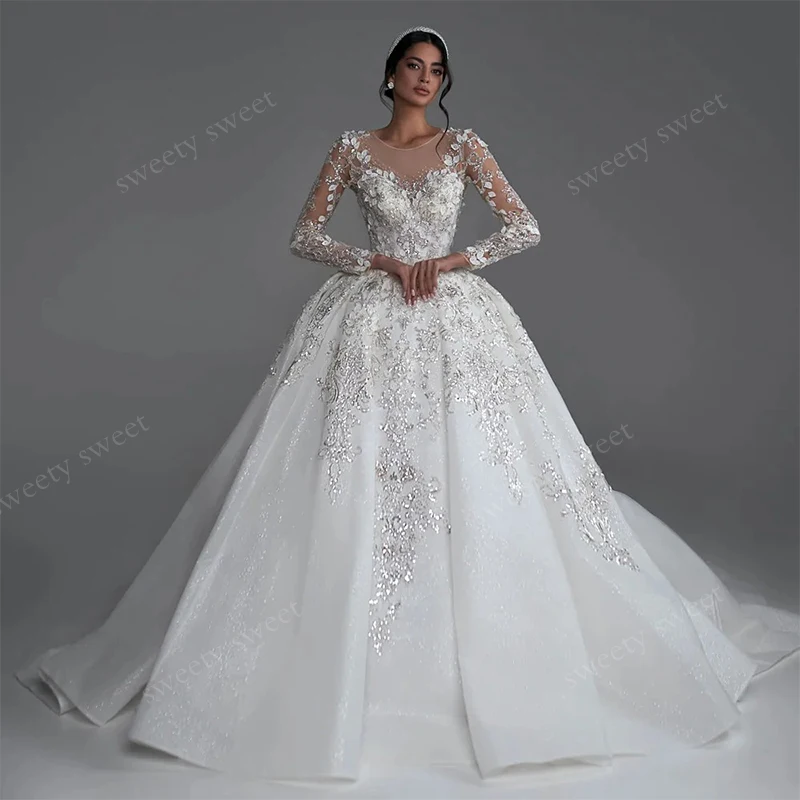 Luxury Wedding Dress Bead Organza With Embroidery Princess Ball Gown Full Sleeve O-Neck Customized Bride Button Vestido De Novia