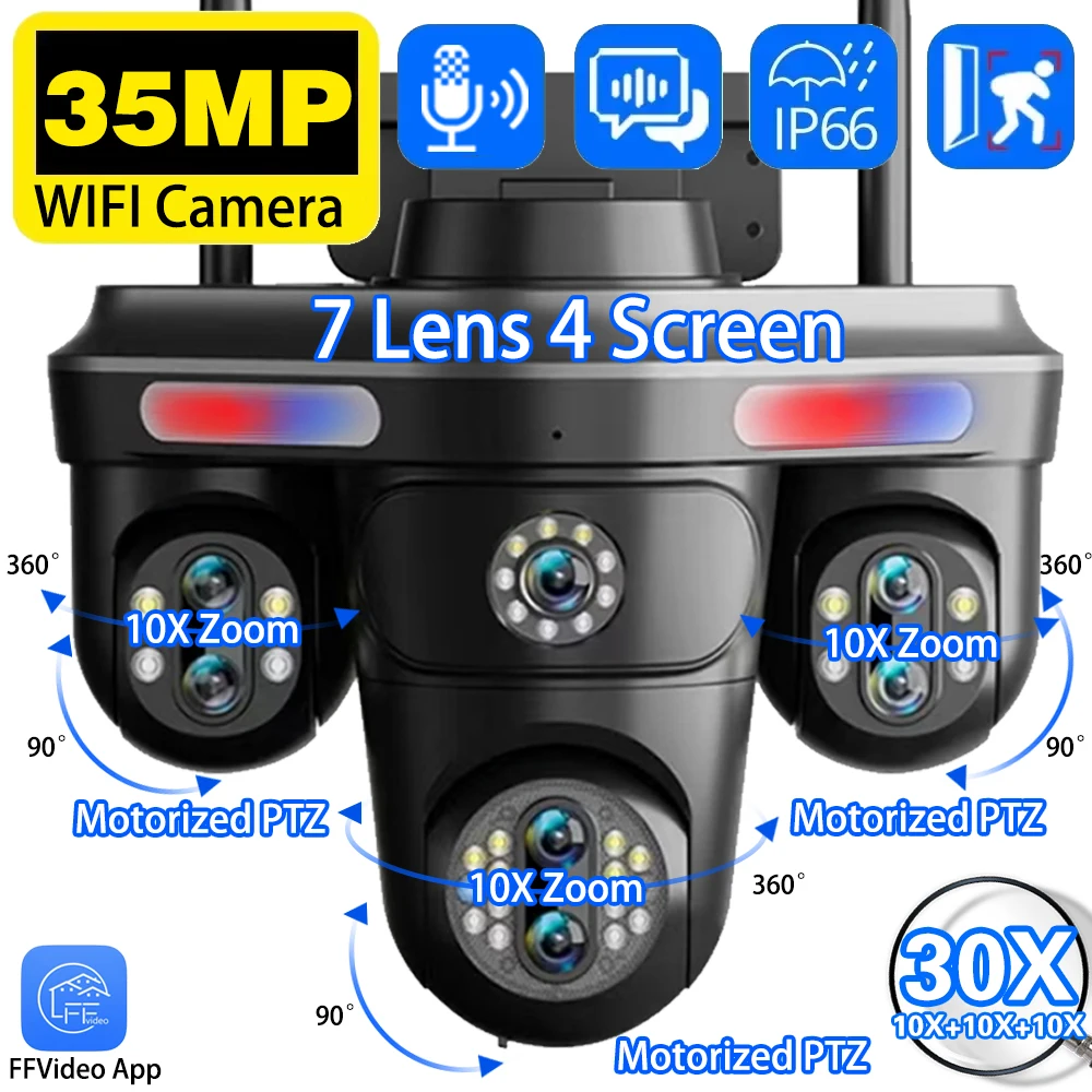 18K 35MP Seven Lens WiFi Camera Outdoor 10X Zoom CCTV Four Screen Wireless Surveillance Cam Auto Tracking WiFi Security Camera