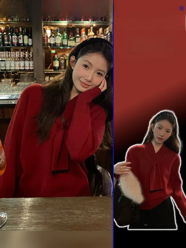 

plus Size Red Lazy Sweater Women's Faion French Sle Knitted Long Sve round Ne Warmth Spring New Year Casual Loose Fit