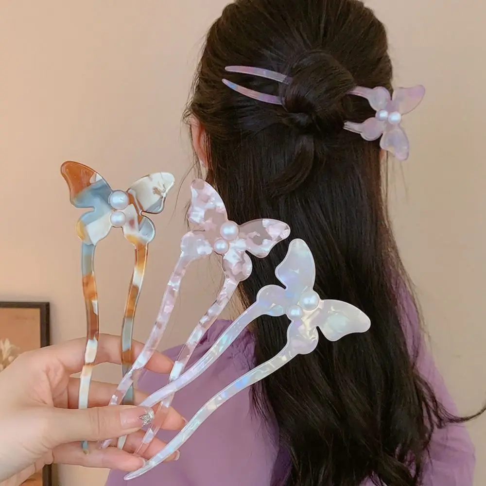 Cute Flower Acetic Acid Hair Stick Multicolor Korean Style U-shaped Hairpin Elegant Sweet Butterfly Hair Fork Hanfu Headwear