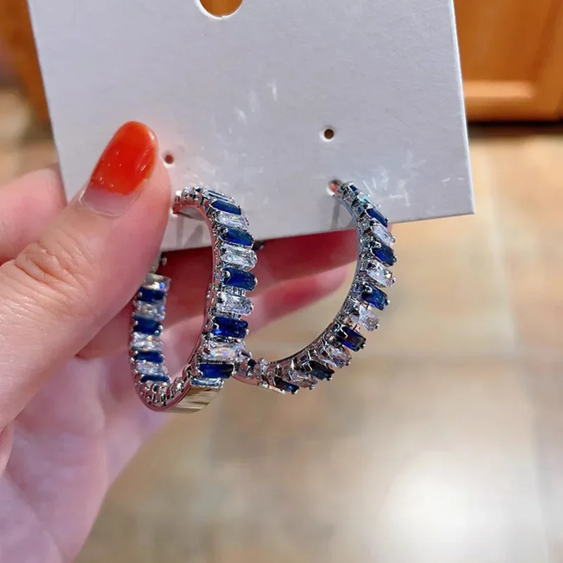 Huitan Gorgeous Blue/White CZ Hoop Earrings Full Bling Iced Out Engagement Wedding Party Luxury Trendy Jewelry for Women New