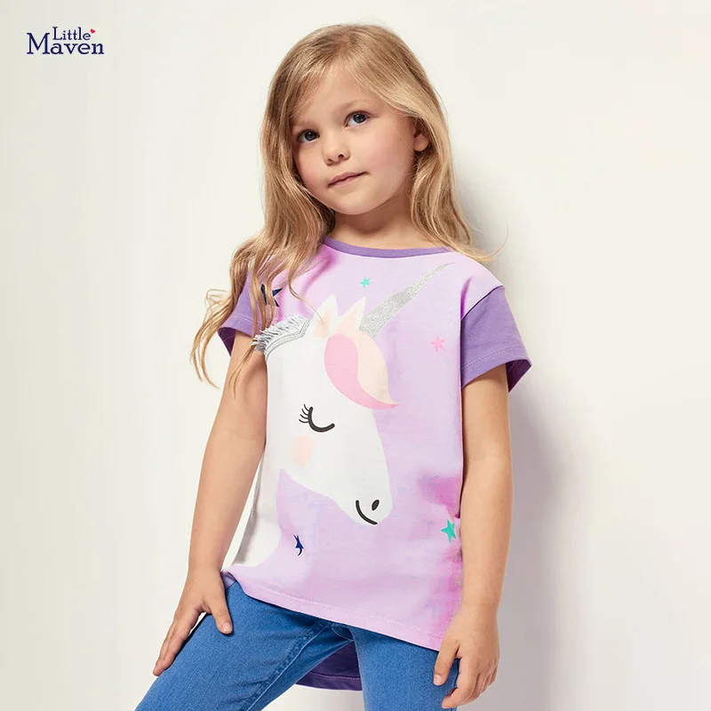 Little maven 2024 Girls Purple Tops Tees Shirts Cartoon Unicorn Pattern Baby Girls Clothes for Children\'s Clothing Summer