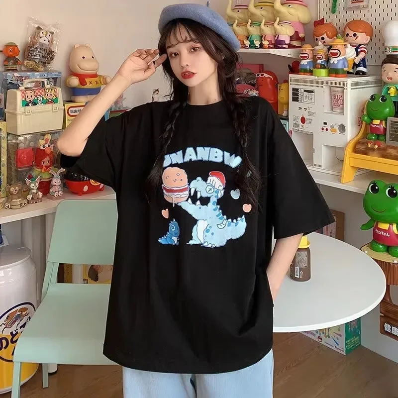 Women T Shirt Oversized Retro Trend Round Neck T-shirt Dinosaur Pure Loose Wild Short-sleeved Men Tops Harajuku
