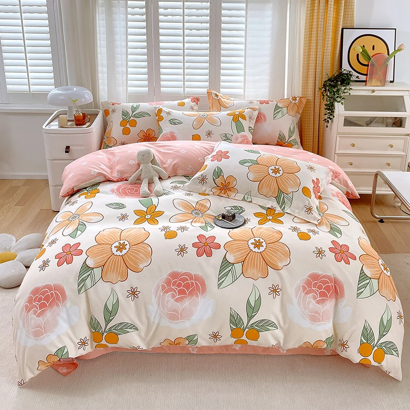 

Orange Flower Duvet Cover Bright Floral Comforter Covers Set 3 Piece Colorful Botanical Luxury Soft Thick Bedding Set Breathable