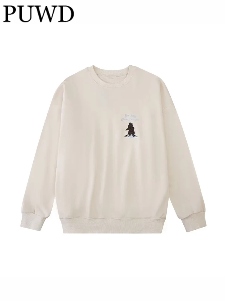 

PUWD Women Beige O Neck Bear Embroidery Sweaters 2023 Summer Fashion Ladies Casual Long Sleeves Female Chic Pullovers