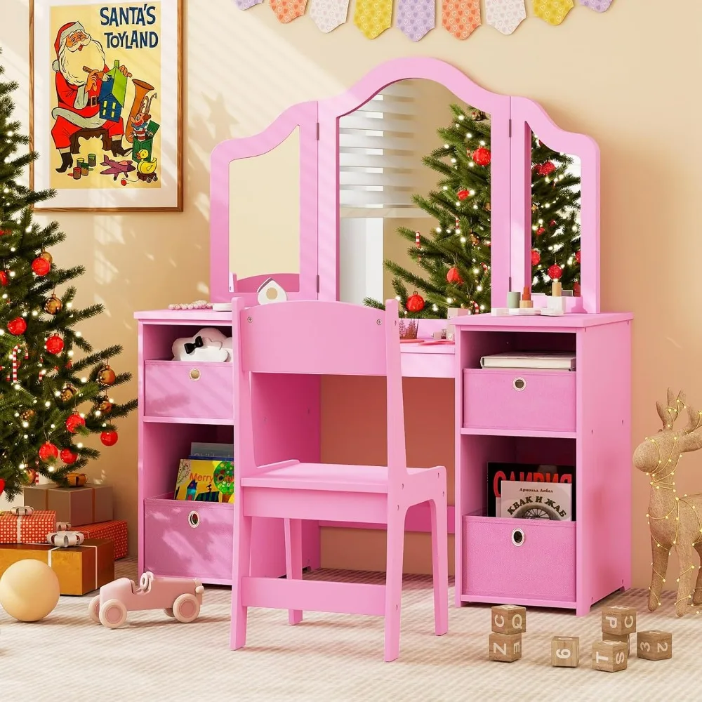 2-in-1 Princess Makeup Desk and Chair Set with Triple Fold Mirror, 4 Storage Boxes, Wooden Makeup Desk Set (Pink)