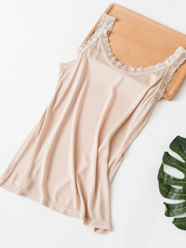 SuyaDream, Women silk camis, Lace Necklines, Solid and Cozy Camisoles, 2026 Spring Summer Basic Bottomings, Soft Top