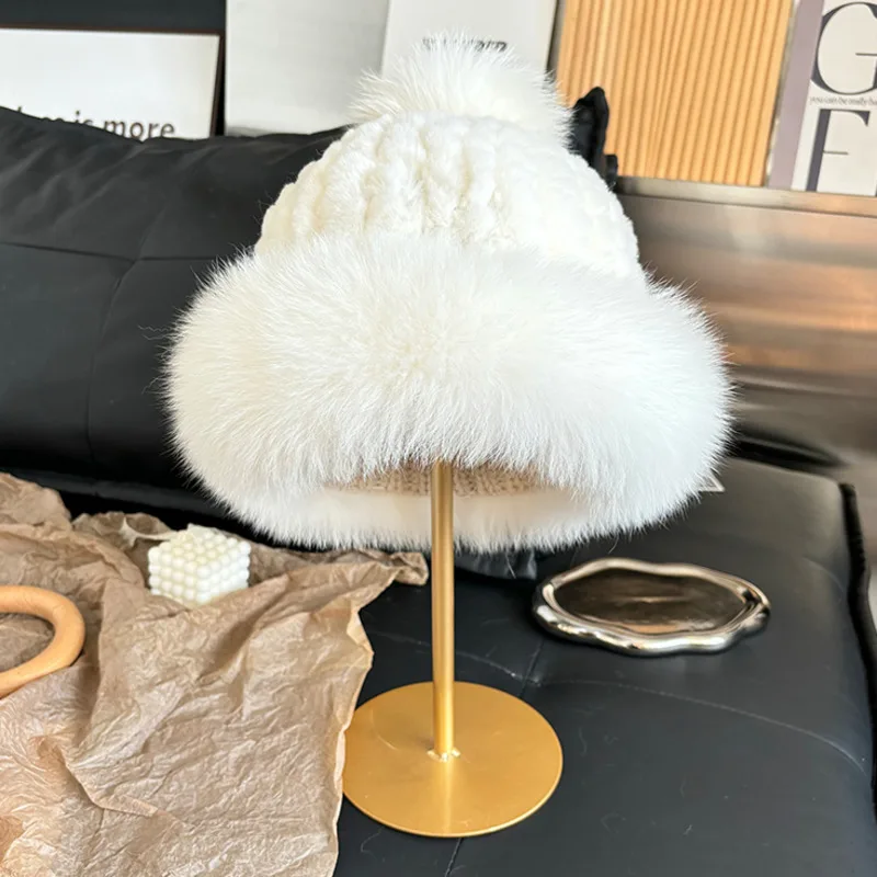 

Winter Rex Rabbit Fur Hat Knitted Fur Hat With Fox Fur Ball Warm Ear Protection Hat Luxury Real Fur Caps Natural Fur Bomber Hat