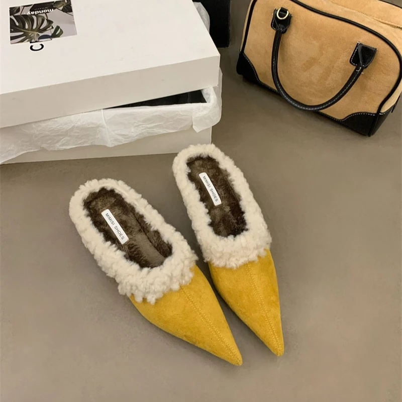 2024 Lamb Wool Inner Slippers Pointed End Imitation Suede Short Heel Outer Slippers Autumn/winter Color Block Woman Shoes 35-40