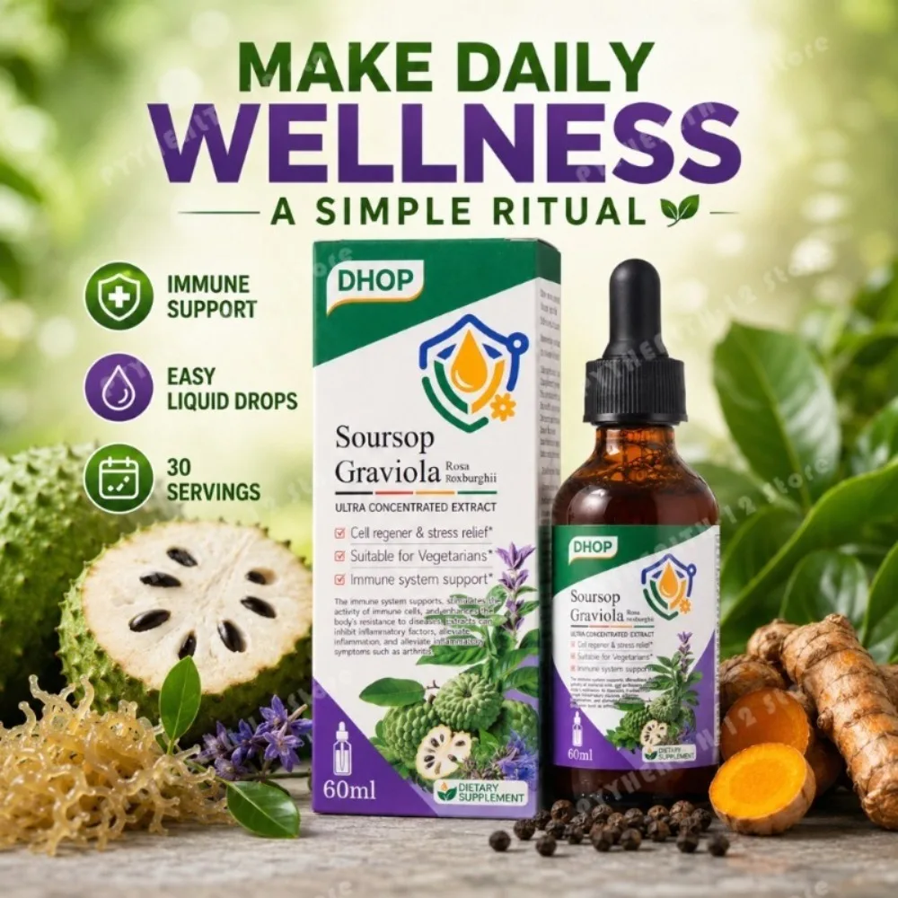Gotas de Guanábana (Graviola) 60ml, Extracto Líquido Herbal con Musgo Marino, Cúrcuma, Vitamina C, B6, Pimienta Negra, Apoyo Nutricional Diario